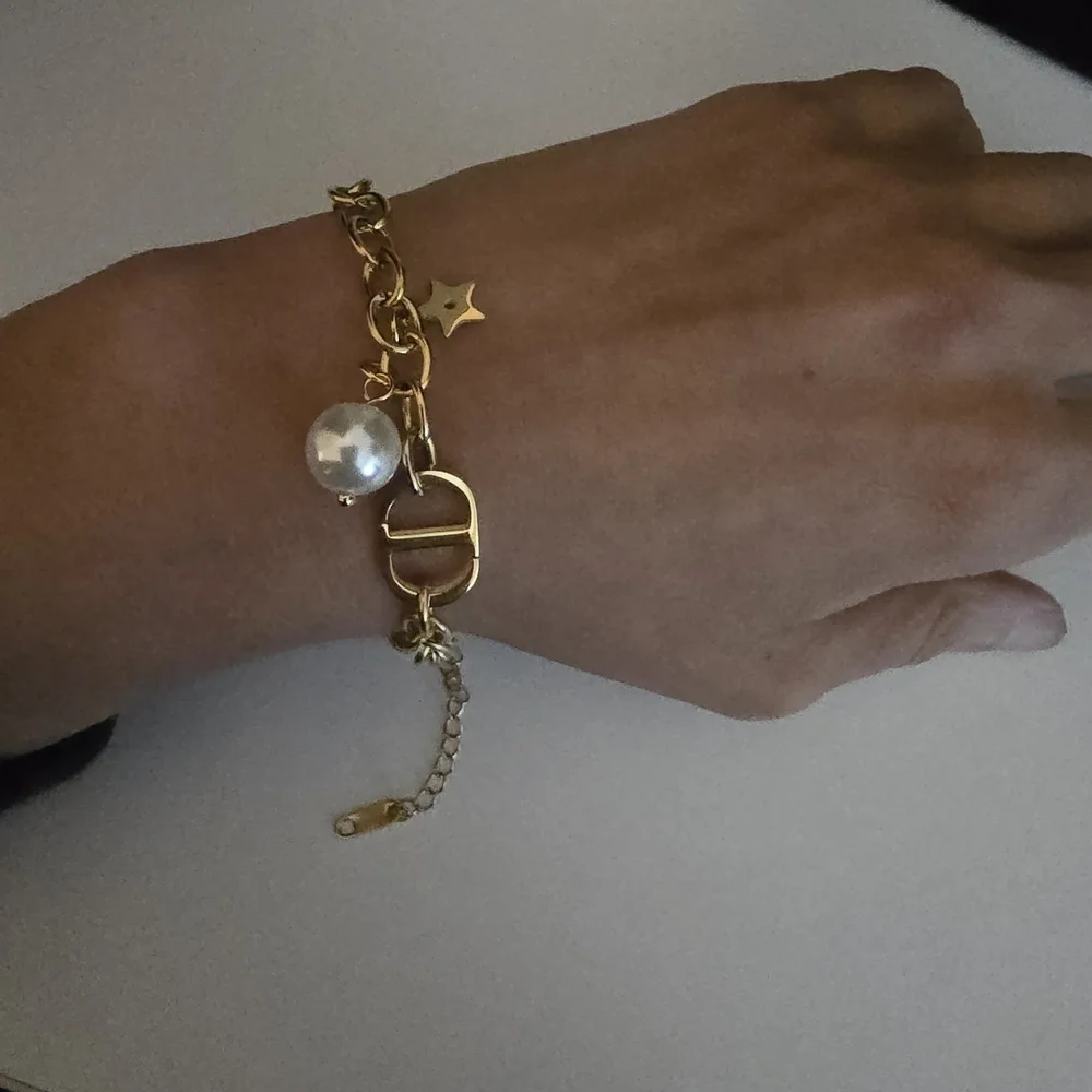 Gold Charm Bracelet with Pearl Accent
